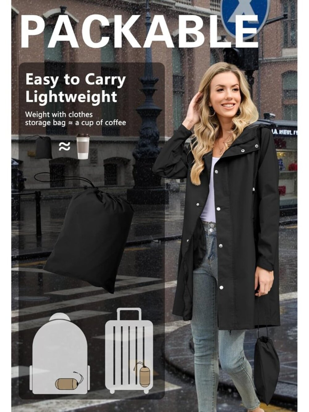 Women's Brown 100% Polyester Hooded Long Windbreaker Hiking Packable Rain Jacket - Picture 4 of 5
